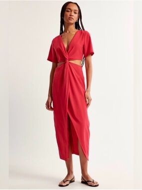 Abercrombie & Fitch Red Twist-Front Cutout Midi Dress